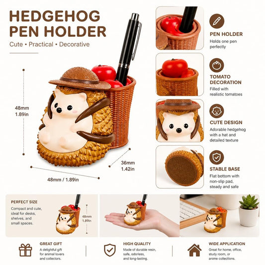 Cute Farmhouse Hedgehog Pen Holder – Dark Brown Figurine, Collectible Gift for Home Office, Multi-Functional Pen Holder for Office & Home Decor