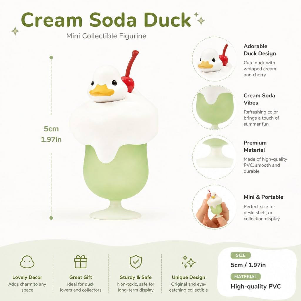 Cream Soda Duck Figurine – 2 inch Mini Collectible Dessert Animal, Cute Drink Decor for Desk, Shelf, Office, Kawaii Gift for Duck & Sweet Lovers