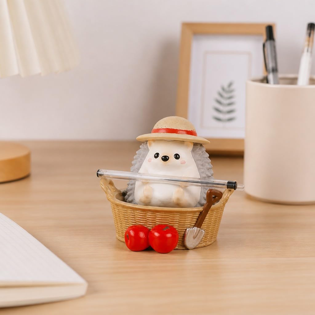 Cute Farmhouse Hedgehog Pen Holder – Dark Brown Figurine, Collectible Gift for Home Office, Multi-Functional Pen Holder for Office & Home Decor
