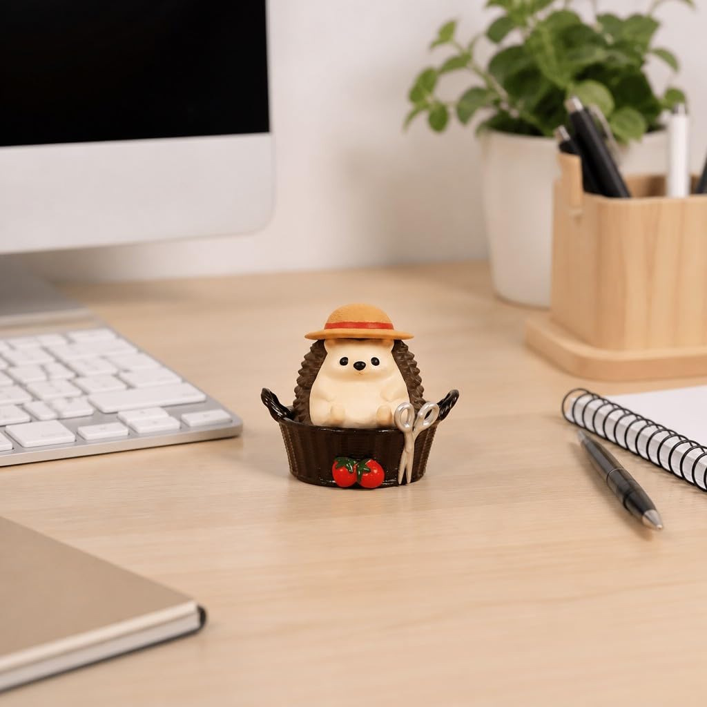 Cute Farmhouse Hedgehog Pen Holder – Dark Brown Figurine, Collectible Gift for Home Office, Multi-Functional Pen Holder for Office & Home Decor