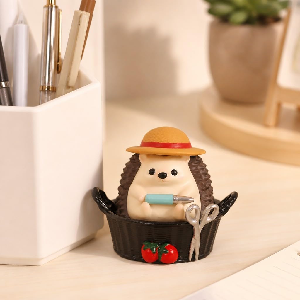 Cute Farmhouse Hedgehog Pen Holder – Dark Brown Figurine, Collectible Gift for Home Office, Multi-Functional Pen Holder for Office & Home Decor