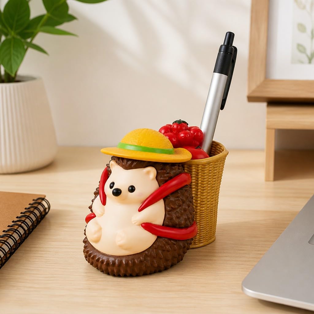 Cute Farmhouse Hedgehog Pen Holder – Dark Brown Figurine, Collectible Gift for Home Office, Multi-Functional Pen Holder for Office & Home Decor
