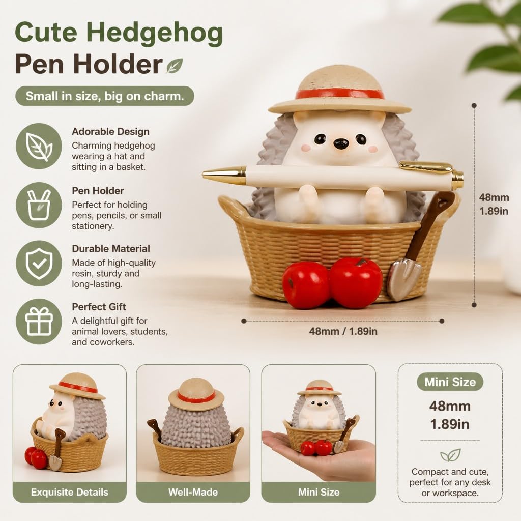 Cute Farmhouse Hedgehog Pen Holder – Dark Brown Figurine, Collectible Gift for Home Office, Multi-Functional Pen Holder for Office & Home Decor