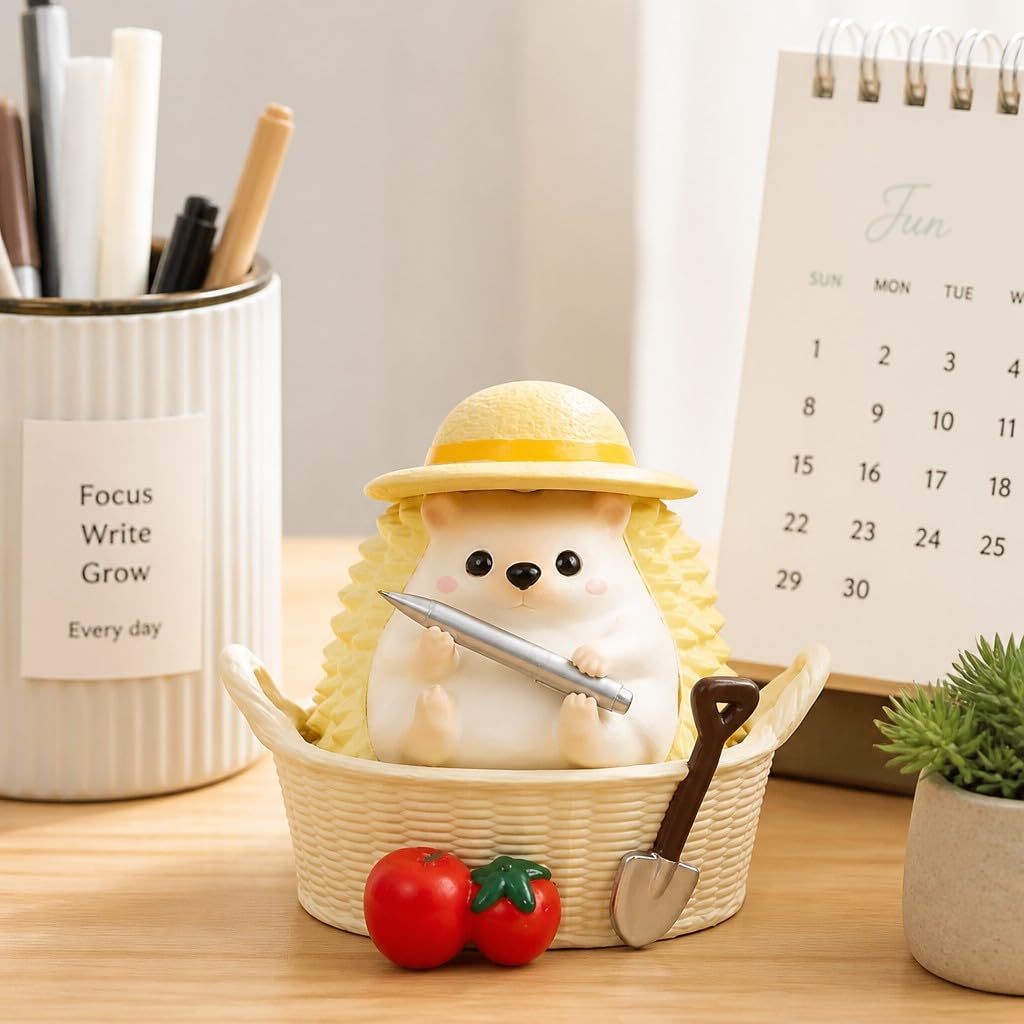 Cute Farmhouse Hedgehog Pen Holder – Dark Brown Figurine, Collectible Gift for Home Office, Multi-Functional Pen Holder for Office & Home Decor