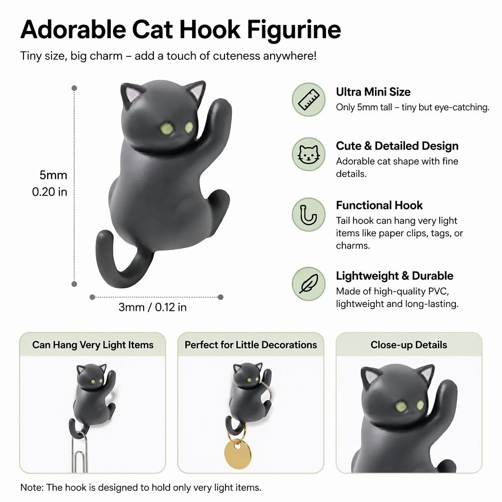 Cute Hanging Cat Figurine – Black Cat, Miniature Animal Figure for Home & Wall Decor, Kawaii Gift for Cat Lovers, Funny Home Office Decor