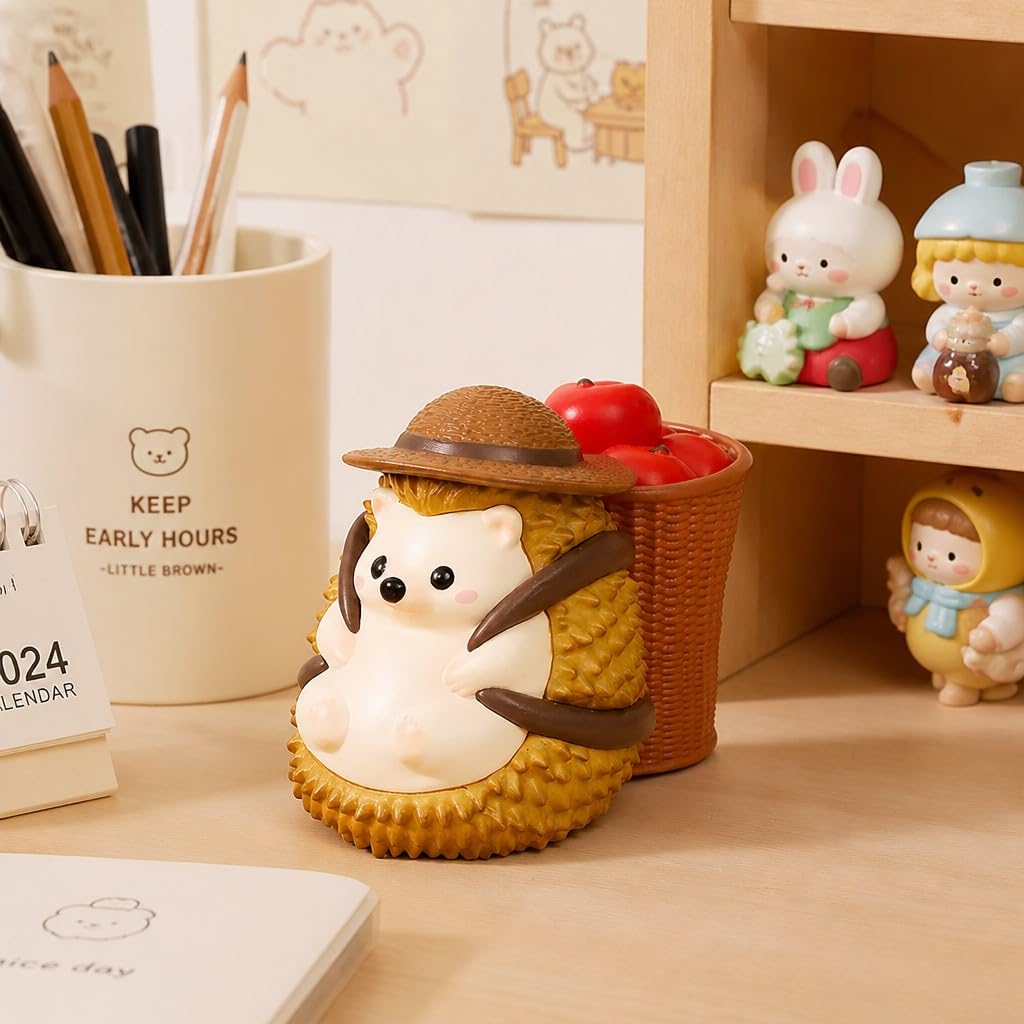 Cute Farmhouse Hedgehog Pen Holder – Dark Brown Figurine, Collectible Gift for Home Office, Multi-Functional Pen Holder for Office & Home Decor