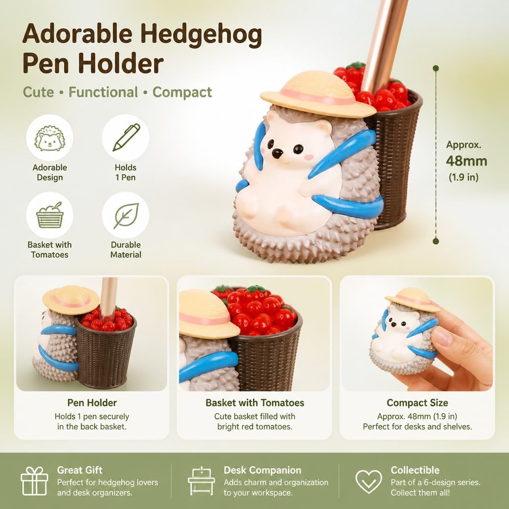Cute Farmhouse Hedgehog Pen Holder – Dark Brown Figurine, Collectible Gift for Home Office, Multi-Functional Pen Holder for Office & Home Decor
