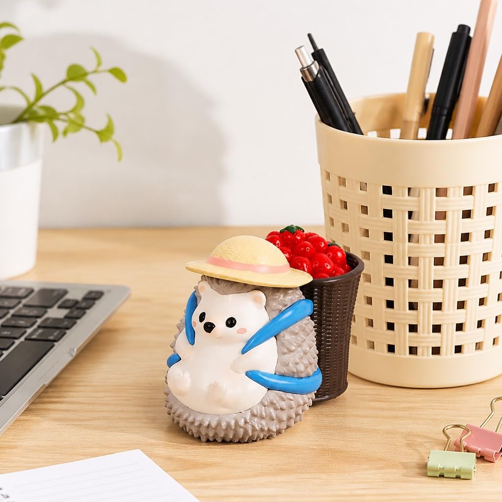Cute Farmhouse Hedgehog Pen Holder – Dark Brown Figurine, Collectible Gift for Home Office, Multi-Functional Pen Holder for Office & Home Decor