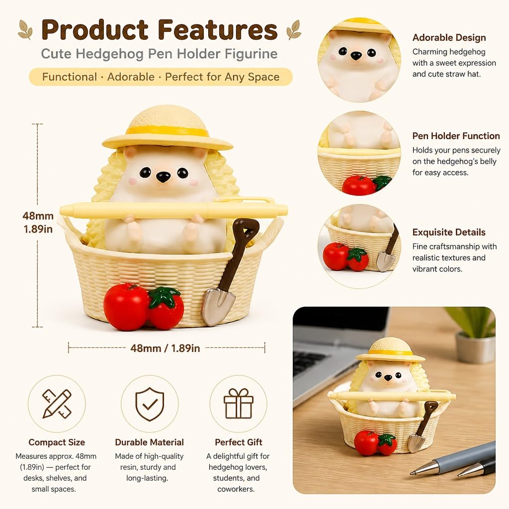 Cute Farmhouse Hedgehog Pen Holder – Dark Brown Figurine, Collectible Gift for Home Office, Multi-Functional Pen Holder for Office & Home Decor