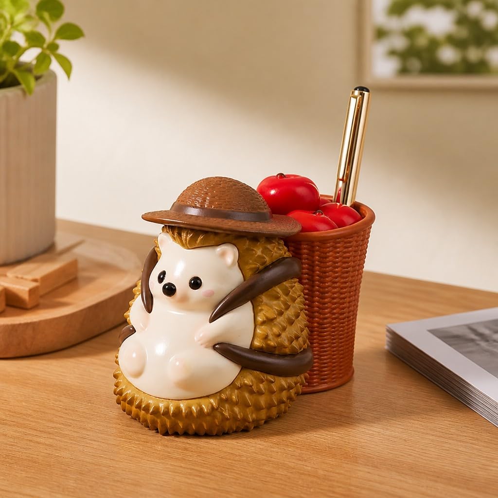 Cute Farmhouse Hedgehog Pen Holder – Dark Brown Figurine, Collectible Gift for Home Office, Multi-Functional Pen Holder for Office & Home Decor