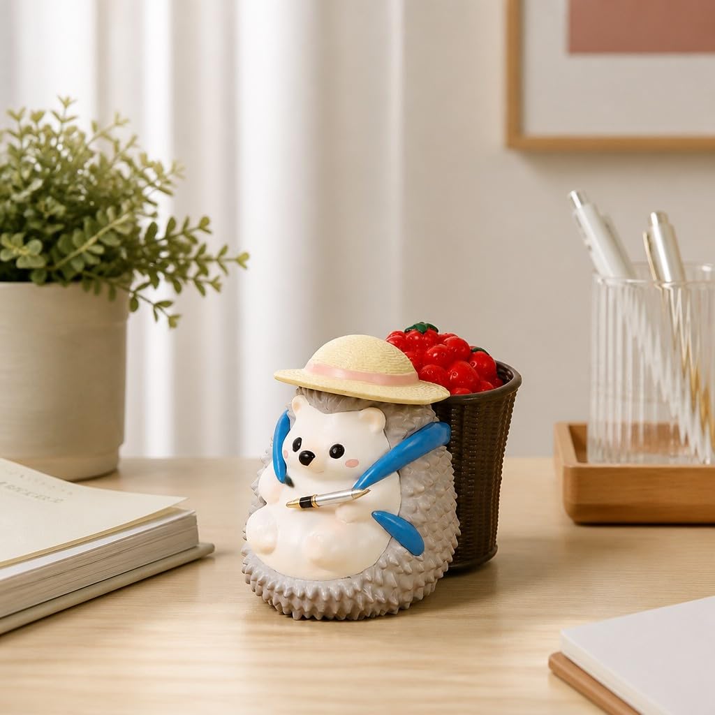Cute Farmhouse Hedgehog Pen Holder – Dark Brown Figurine, Collectible Gift for Home Office, Multi-Functional Pen Holder for Office & Home Decor