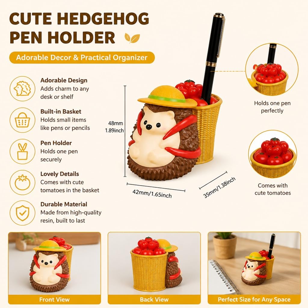 Cute Farmhouse Hedgehog Pen Holder – Dark Brown Figurine, Collectible Gift for Home Office, Multi-Functional Pen Holder for Office & Home Decor