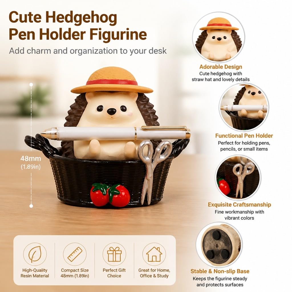 Cute Farmhouse Hedgehog Pen Holder – Dark Brown Figurine, Collectible Gift for Home Office, Multi-Functional Pen Holder for Office & Home Decor