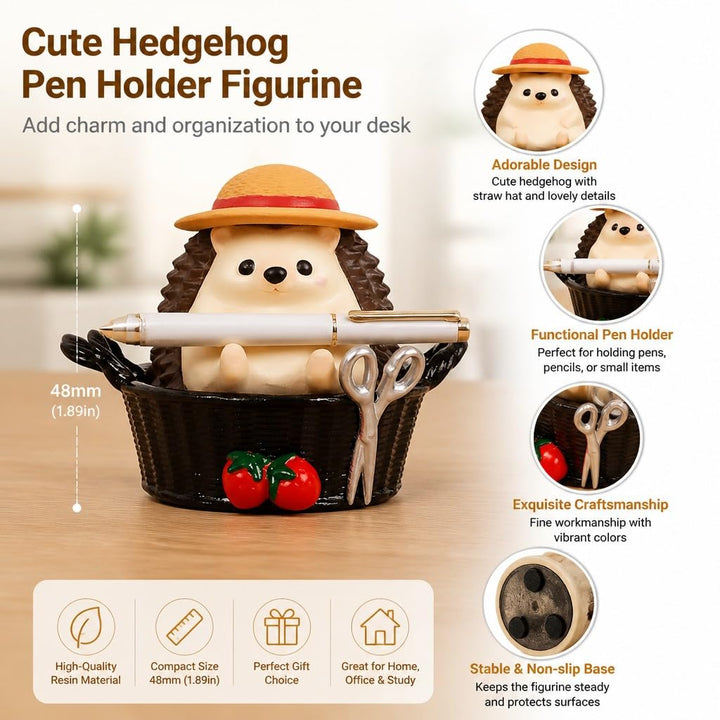 Cute Farmhouse Hedgehog Pen Holder – Dark Brown Figurine, Collectible Gift for Home Office, Multi-Functional Pen Holder for Office & Home Decor