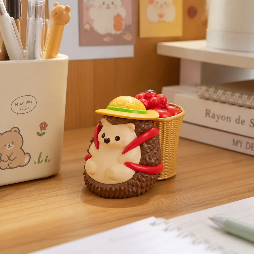 Cute Farmhouse Hedgehog Pen Holder – Dark Brown Figurine, Collectible Gift for Home Office, Multi-Functional Pen Holder for Office & Home Decor